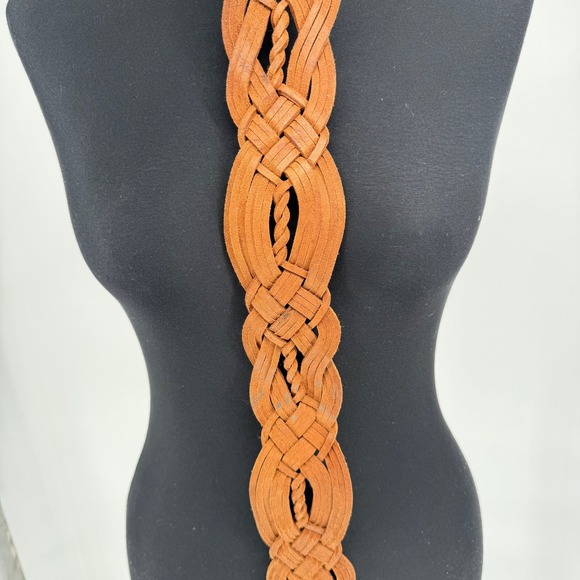 Chicos Genuine Leather Woven Belt Silver Turquoise Flower Buckle Womens sz M L - Picture 9 of 10